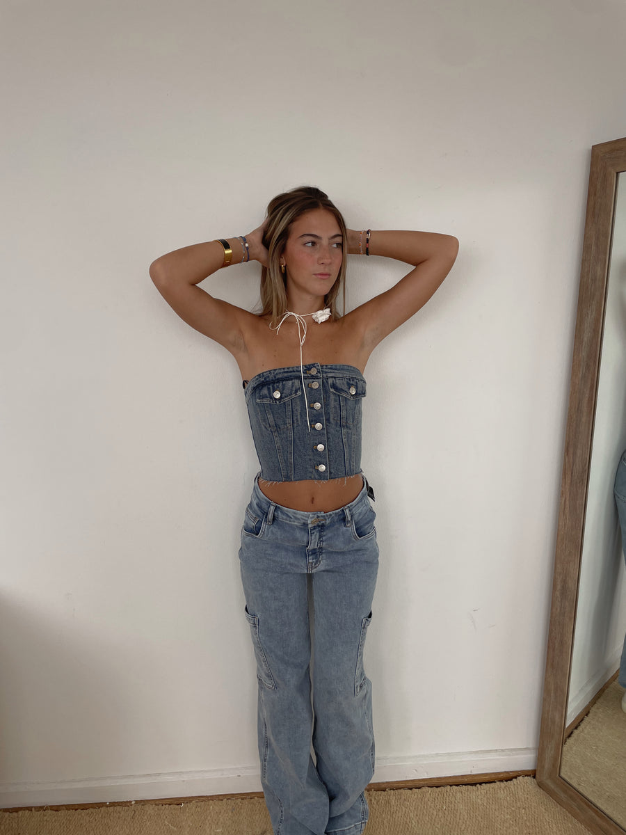 VIAA” DENIM CORSET TOP – jeneevalabel