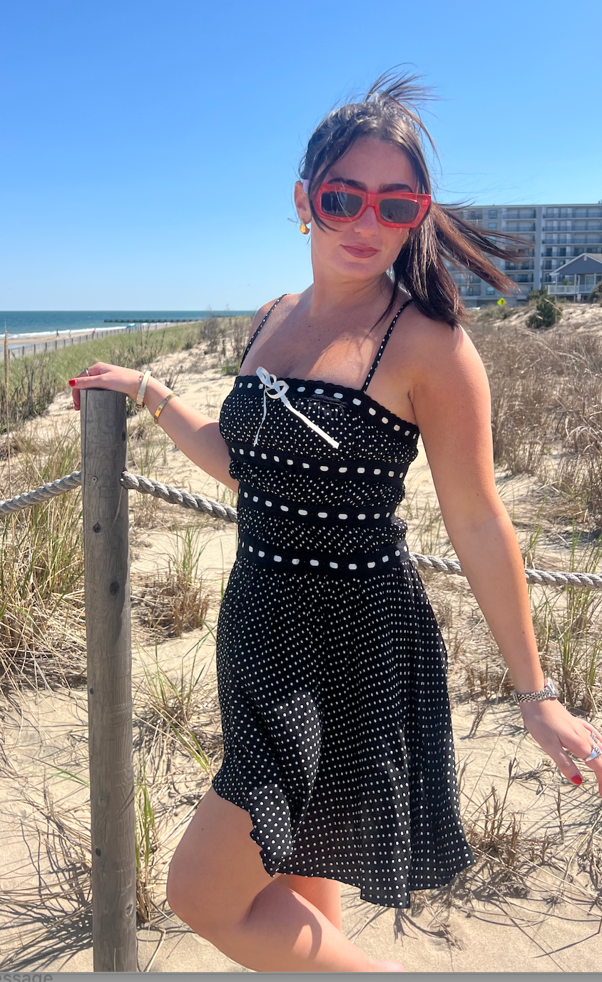 Polka Dot Tiered Lace Trim Mini Dress-nf