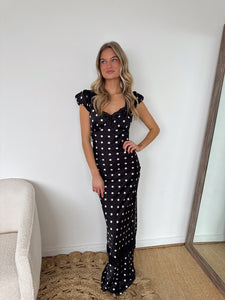 Caia Polka Dot Satin Maxi Dress