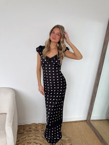 Caia Polka Dot Satin Maxi Dress