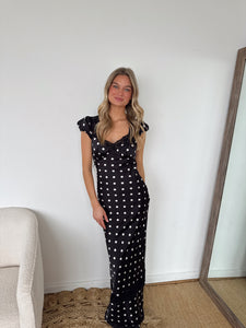 Caia Polka Dot Satin Maxi Dress