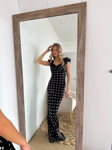 Caia Polka Dot Satin Maxi Dress