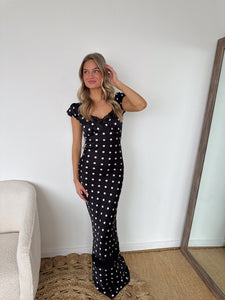 Caia Polka Dot Satin Maxi Dress