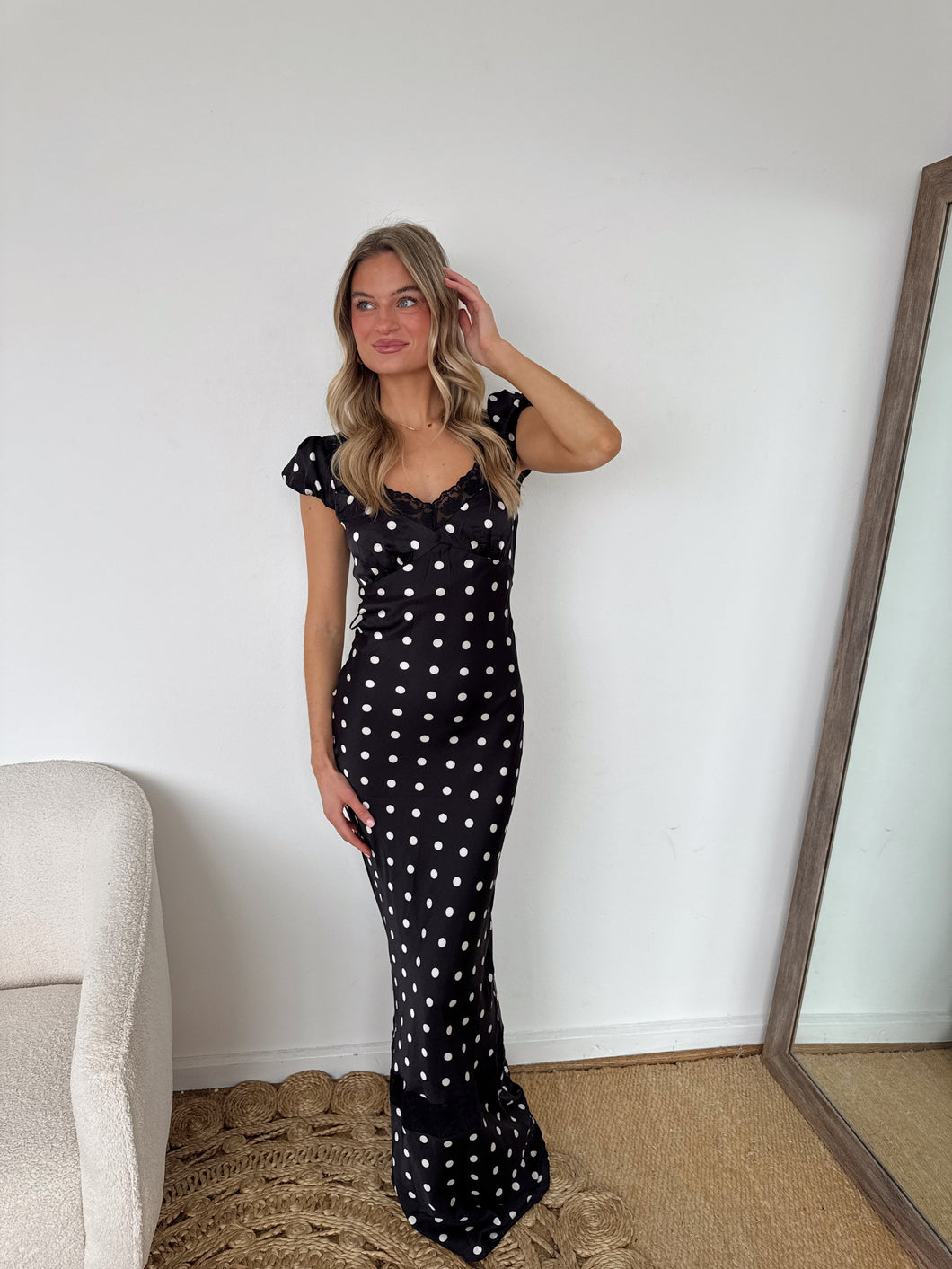 Caia Polka Dot Satin Maxi Dress